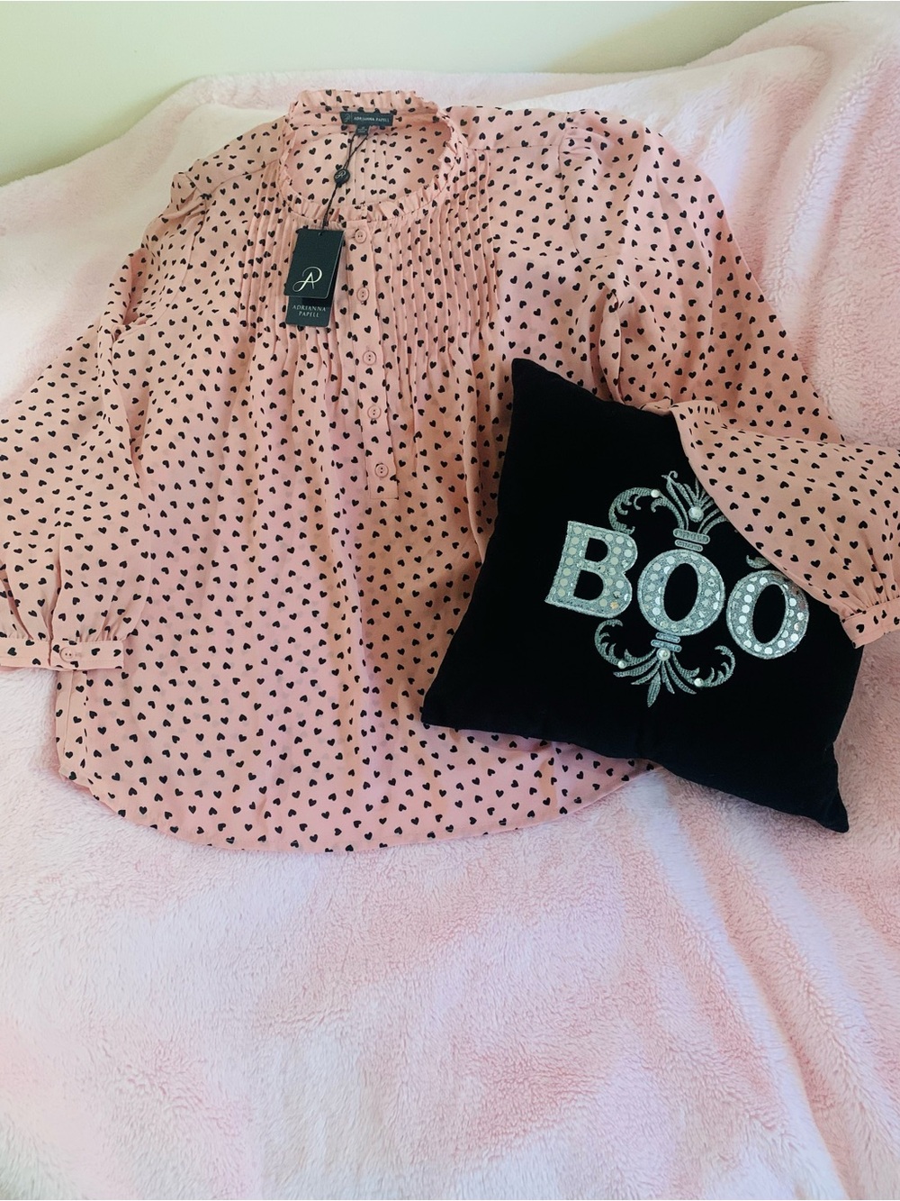 Adrianna Papell  Button Down Blouse Blush Pink Hearts M NWT